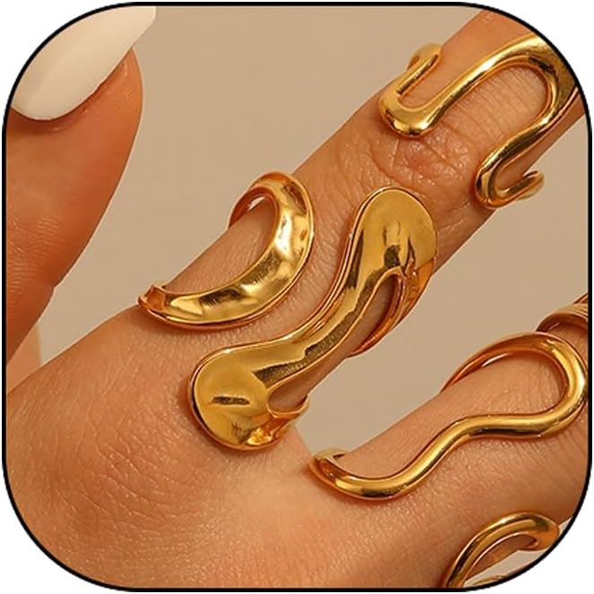 AiTURE Chunky Rings For Women, Gold Silver Thumb Ring Asymmetrical Wavy Curve Ring Adjustable Non Tarnish Dainty Stainless Steel New Year Anniversary Birthday Jewelry Gift - Image 1